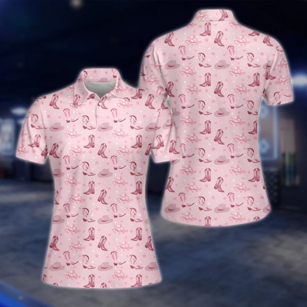 Pink Cowgirl Boots Golf Polo Shirts For Women, Women's Western Golf Shirts GOF0004