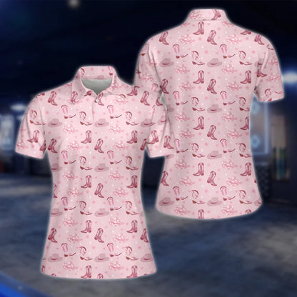 Pink Cowgirl Boots Golf Polo Shirts For Women, Women's Western Golf Shirts GOF0004
