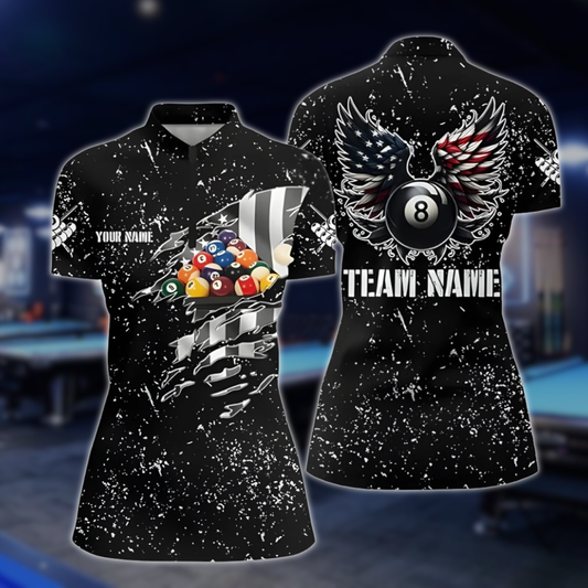 Custom Black American Flag Billiard Jersey Womens, Custom Patriotic Billiard Shirt For Ladies BLD0169