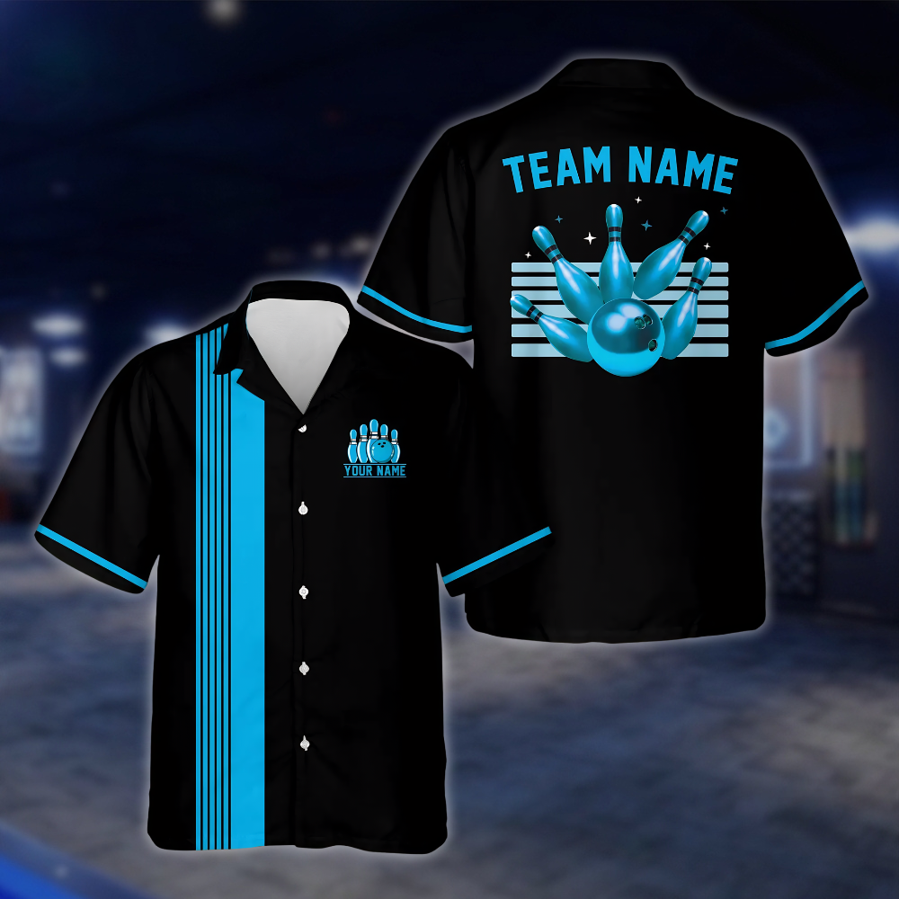 Personalized Vinatge Team Neon Blue Black Bowling Hawaiian Shirt, Custom Bowling Shirts BE0252 BOW0030