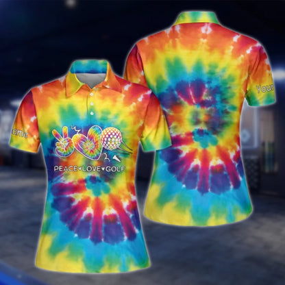 Custom Peace Love Golf Tie Dye Golf Polo Shirts For Women, Custom Tie Dye Golf Shirts GOF0267