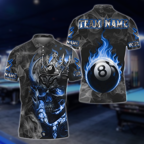 Custom Skull Blue Flame Billiard Polo Shirts For Mens, Custom Skull BIlliard Team Shirts BLD0208