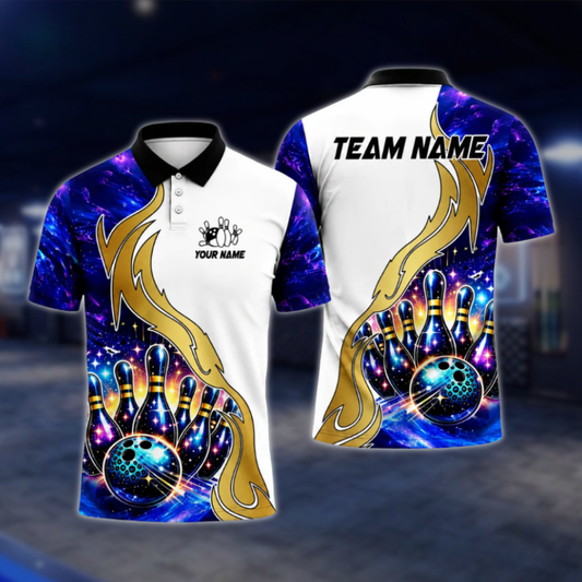 Custom Team Galaxy Pins And Ball Bowling Polo Shirt For Mens, Blue White Custom Bowling Team Shirts BZ0483 BOW0406