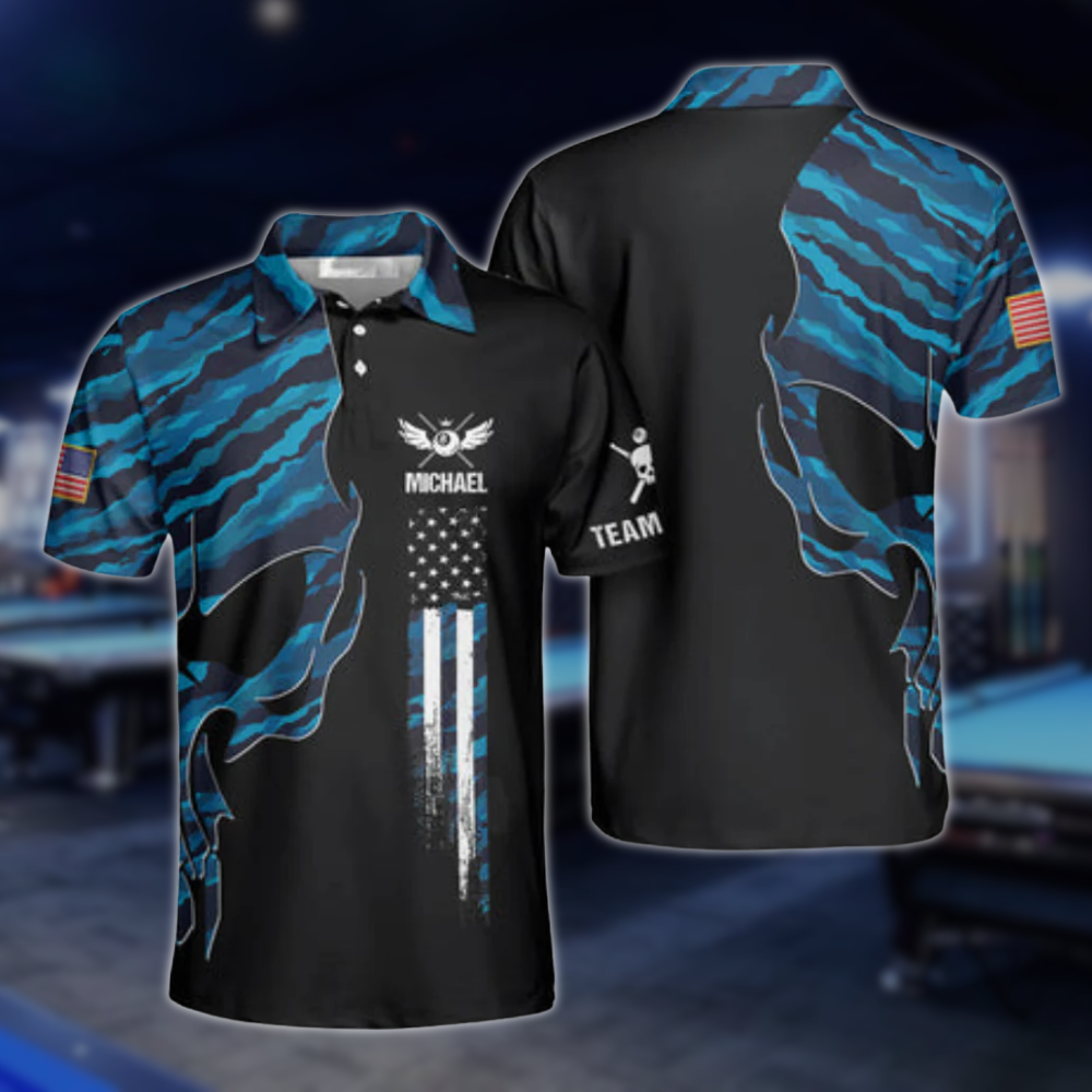 Skull Blue Camouflage Custom Billiard Polo Shirts for Men, Custom Skull Billiard Shirts BLD0032