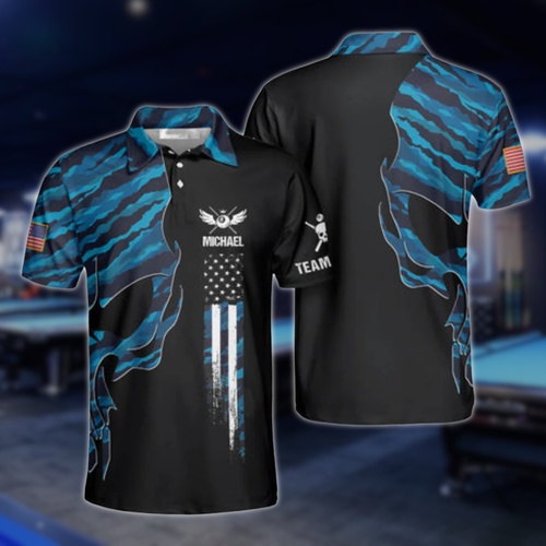 Skull Blue Camouflage Custom Billiard Polo Shirts for Men, Custom Skull Billiard Shirts BLD0032