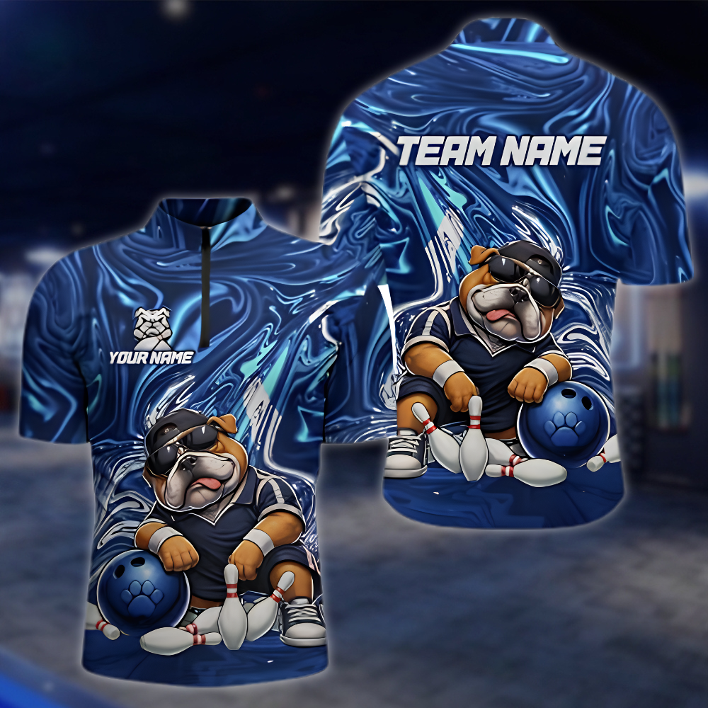 Personalized Bulldog Blue Bowling Jersey For Men, Custom Bulldog Bowling Shirt For Team BZ0884 BOW0059