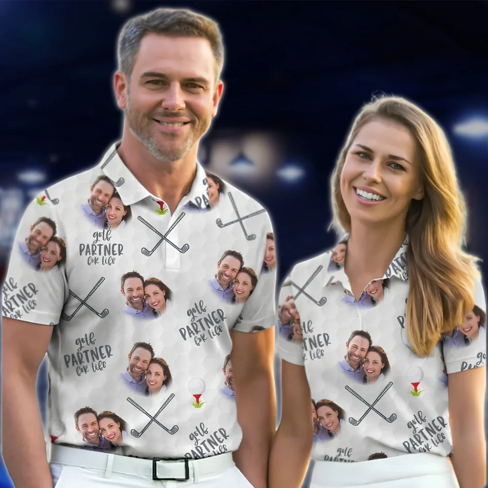 Golf Partner For Life Personalized Couple Photo Matching His And Her Golf Polo Shirt, Custom Face Matching Golf Shirt Men Women GOF0114