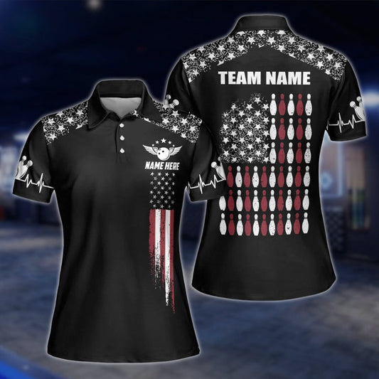 American Flag Custom Womens Bowling Polo Shirt, Custom Patriotic Bowling Team Shirt For Women BW0145 BOW0206