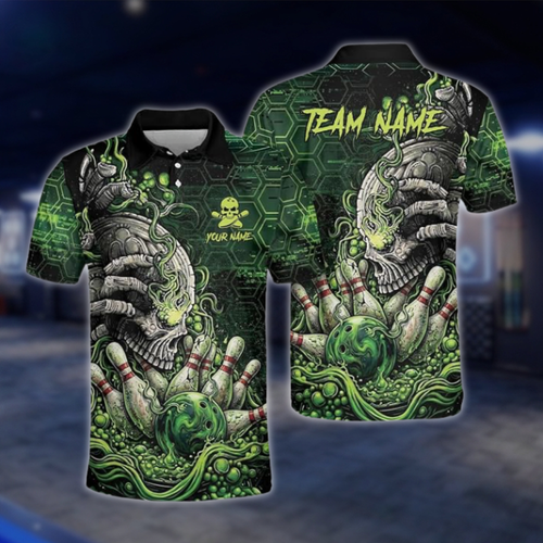 Personalized Mens Skull Green Bowling Polo Shirt, Custom Skull Team Bowling Shirt BZ0922 BOW0019