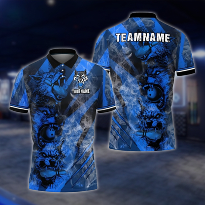 Personalized Wolf Mens Bowling Polo Shirt Blue Smoke, Custom Wolf Bowling Shirts For Team BZ0753 BOW0166