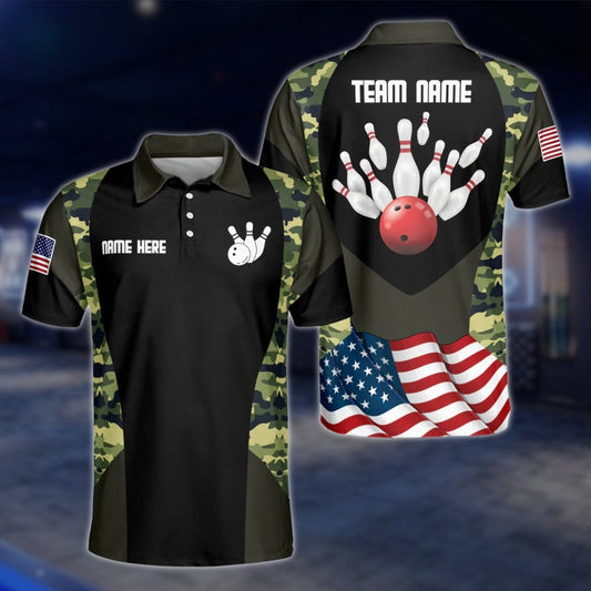 Camo USA Flag Custom Mens Bowling Polo Shirt, Custom Camouflage Bowling Team Shirts BZ0195 BOW0483