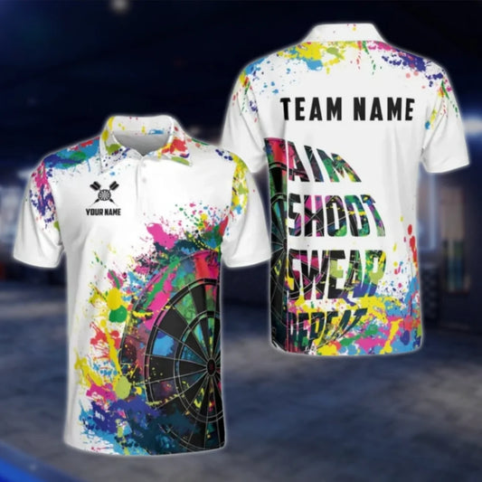 Aim Shoot Swear Repeat Personalized Colorful Dart Polo Shirt For Men, Custom Funny Darts Team Shirts DAT0392