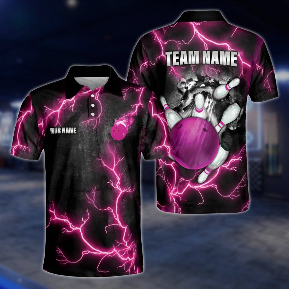 Custom Thunder Pink Bowling Polo Shirt For Mens, Custom Thunder Bowling Team Shirts BE0043 BOW0204