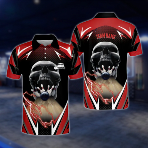 Custom Skeleton Black Red Bowling Polo Shirt For Mens, Custom Skull Team Bowling Shirts BM0292 BOW0413