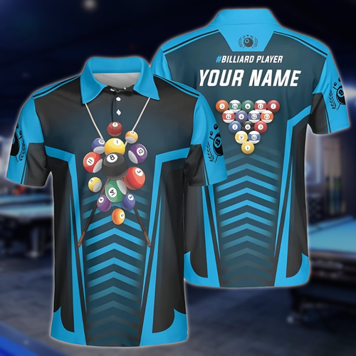 Custom Blue 8 Ball Billiard Polo Shirt Mens, Custom Billiard Pool Player Shirts BLD0204