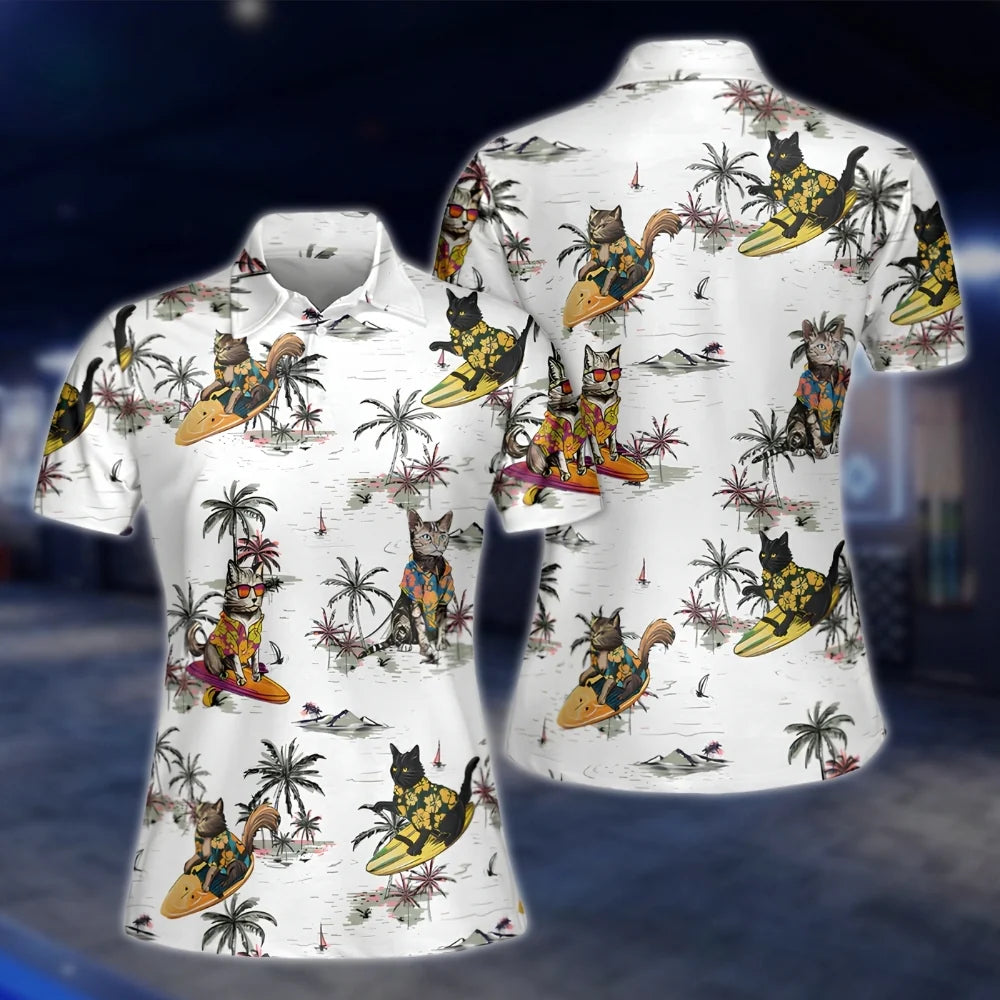 Cat Tropical White Golf Polo Shirts Women, Womens Cat Golf Shirts GOF0284
