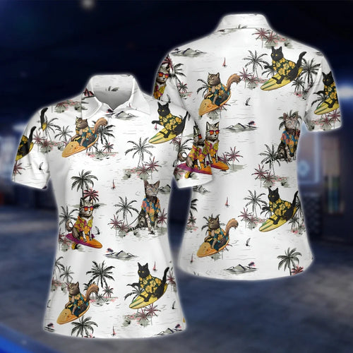 Cat Tropical White Golf Polo Shirts Women, Womens Cat Golf Shirts GOF0284