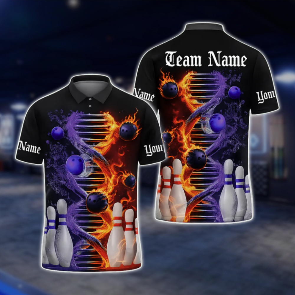 Flame DNA Custom Mens Bowling Polo Shirt, Custom Flame Bowling Team Shirts BZ0487 BOW0281