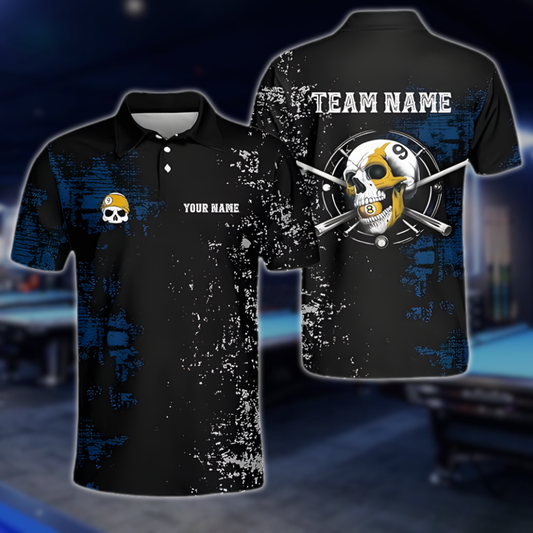 Custom Skull Black Blue Grunge Billiard Polo Shirt Men, Cum Skull Billiard Team Shirts BLD0295