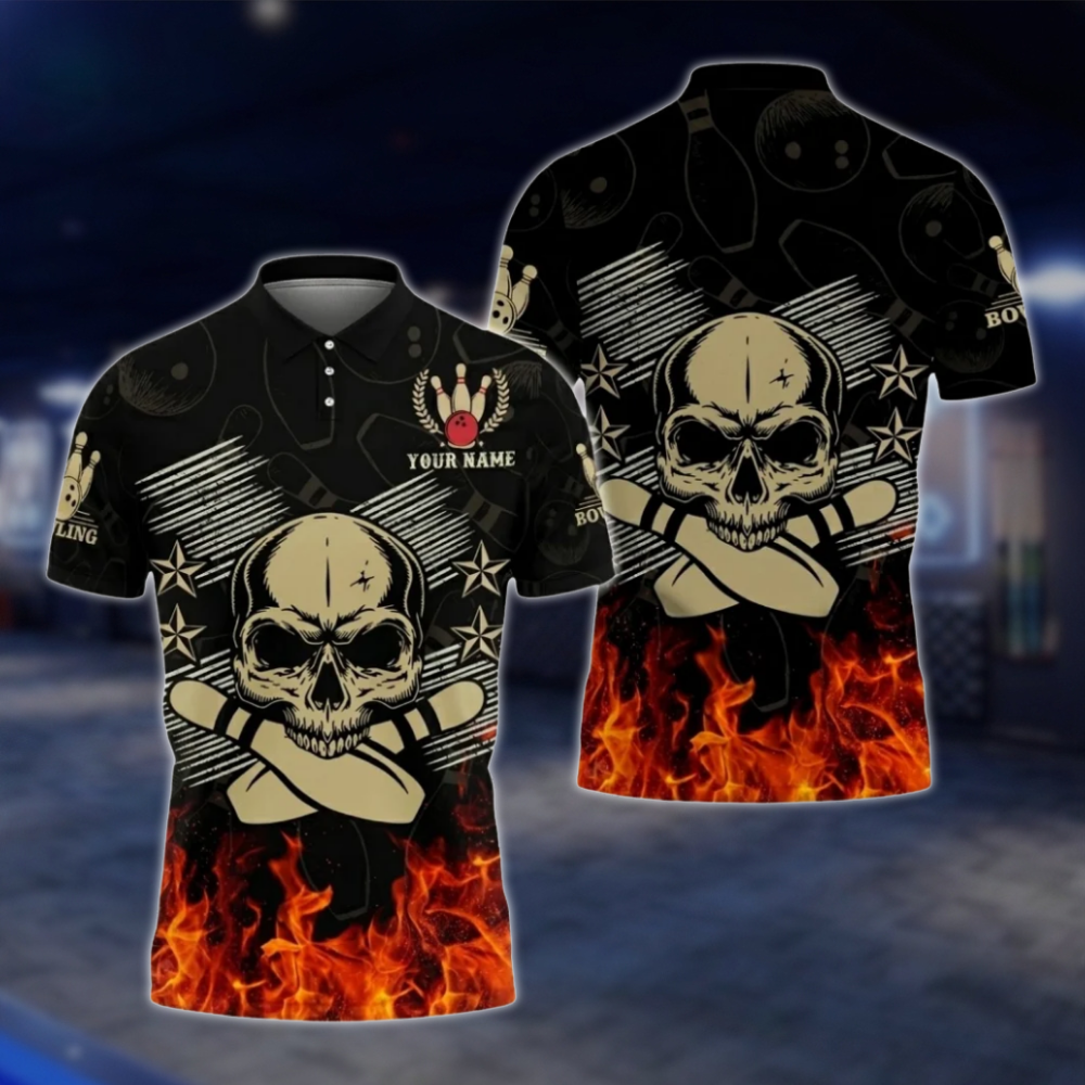 Personalized Skull Flaming Bowling Mens Polo Shirt, Custom Skull Bowling Shirt BZ0769 BOW0139