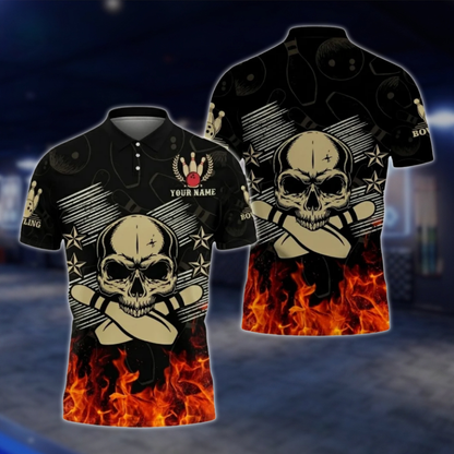 Personalized Skull Flaming Bowling Mens Polo Shirt, Custom Skull Bowling Shirt BZ0769 BOW0139