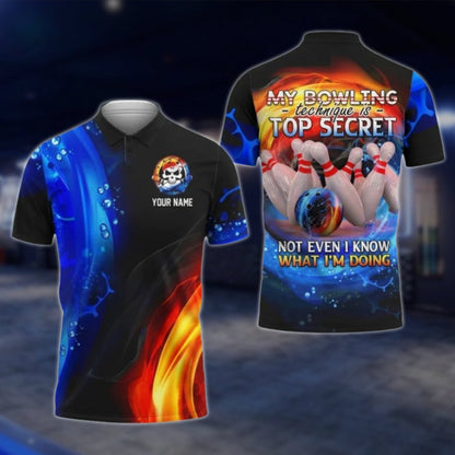 My Bowling Technique Is Top Secret Not Even I Know What I'm Doing Custom Flame Bowling Mens Polo Shirt, Custom Funny Bowling Shirts SO0877 BOW0399