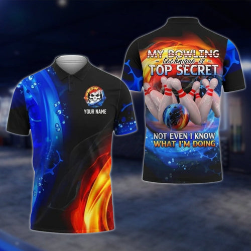 My Bowling Technique Is Top Secret Not Even I Know What I'm Doing Custom Flame Bowling Mens Polo Shirt, Custom Funny Bowling Shirts SO0877 BOW0399