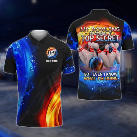 My Bowling Technique Is Top Secret Not Even I Know What I'm Doing Custom Flame Bowling Mens Polo Shirt, Custom Funny Bowling Shirts SO0877 BOW0399