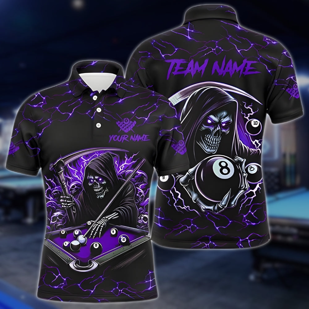 Custom Skull Black And Purple Billiard Polo Shirt Mens, Custom Skull Billiard Team Shirts BLD0001