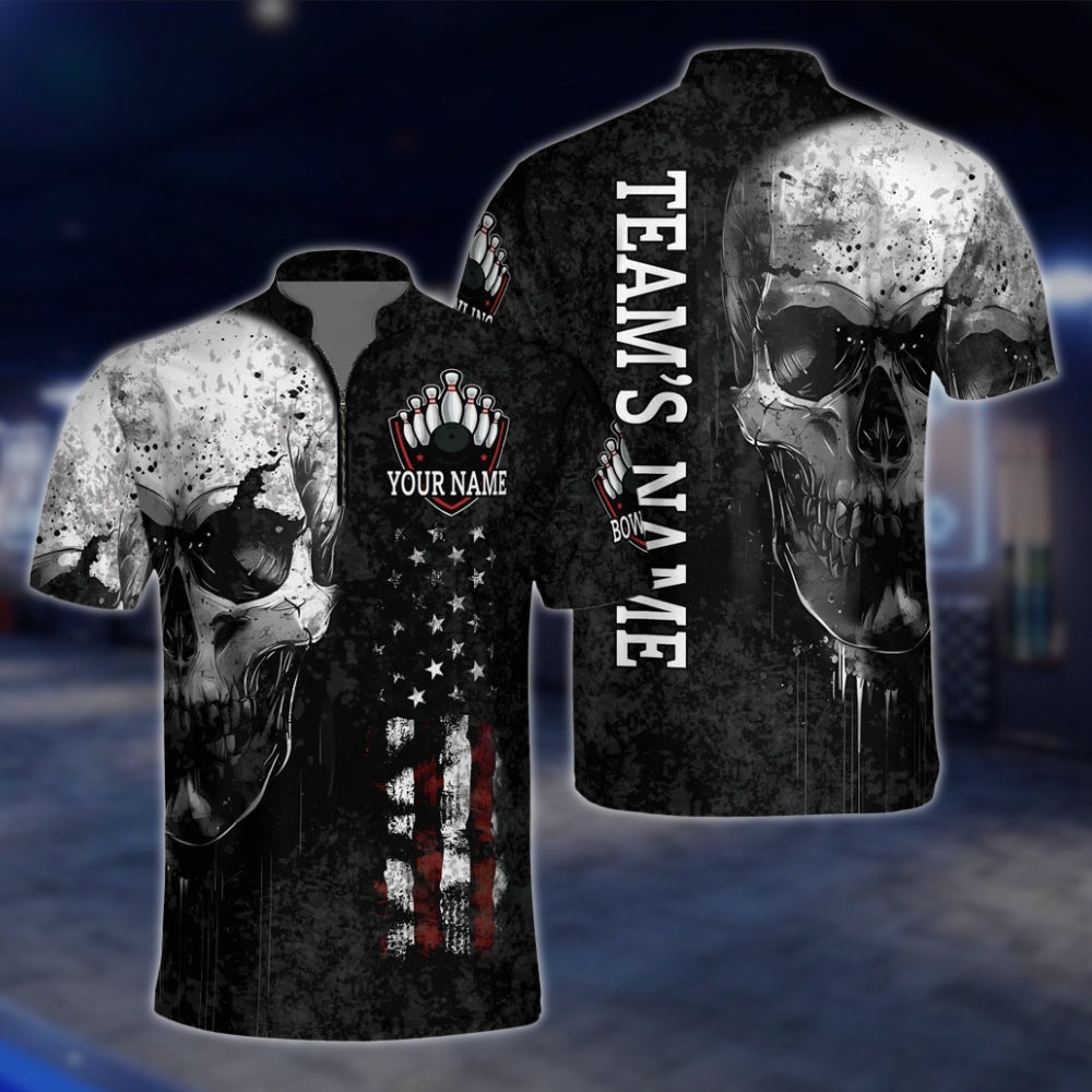 Skeleton Custom Mens Black Grey Bowling Jersey, Custom Skull Bowling Shirts For Team BZ0143 BOW0452