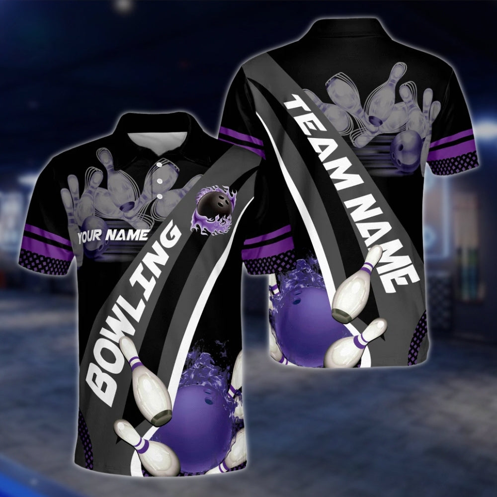 Custom Flame Purple Black Bowling Mens Polo Shirt, Custom Flame Bowling Team Shirts BZ0182 BOW0491