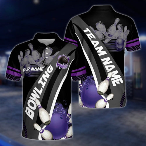 Custom Flame Purple Black Bowling Mens Polo Shirt, Custom Flame Bowling Team Shirts BZ0182 BOW0491