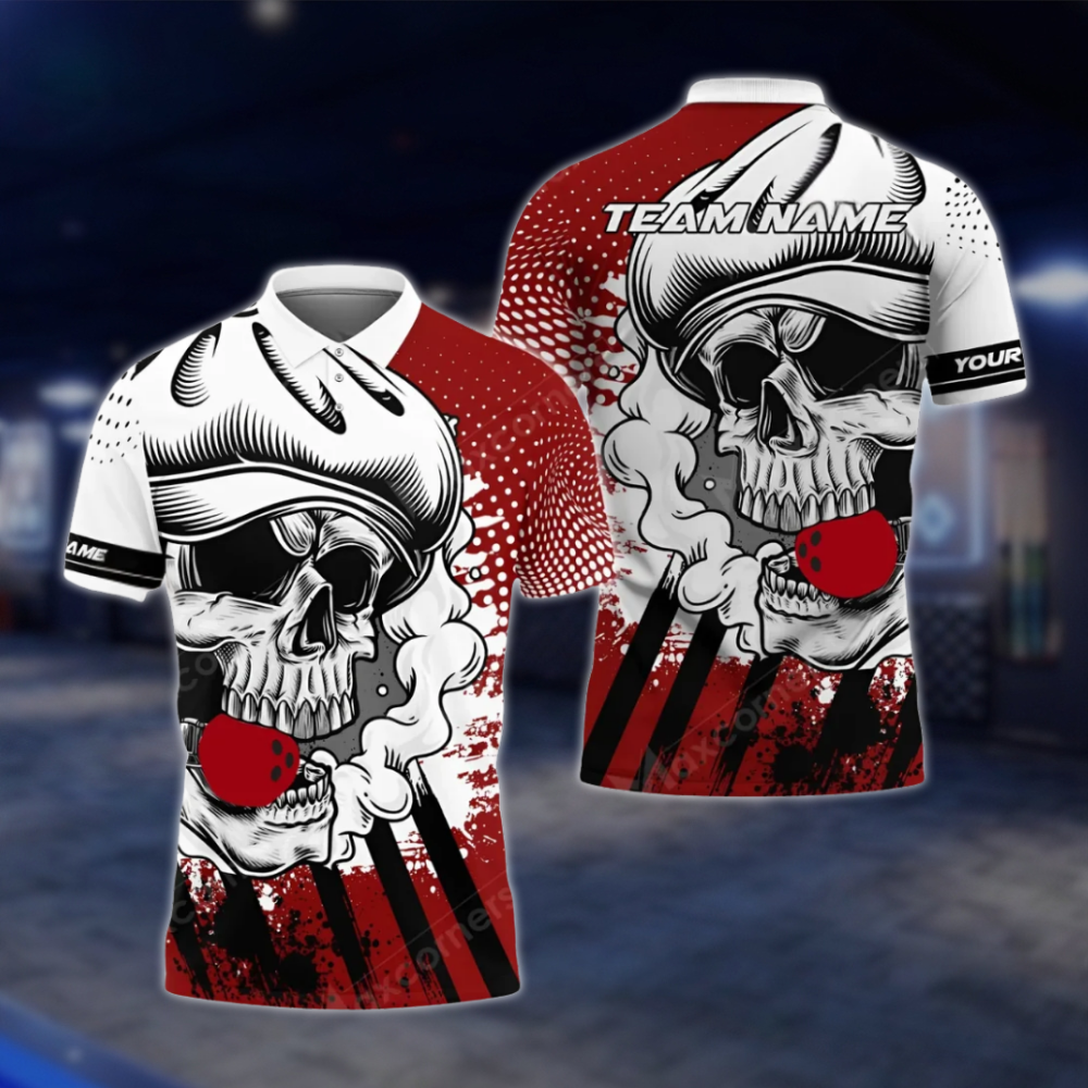 Personalized Skull White Red Bowling Polo Shirt For Men, Custom Skull Bowling Shirt For Team BZ0768 BOW0140
