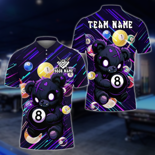 Custom Teddy Bear 8 Ball Billiard Polo Shirt For Men, Custom Bear Billiard Team Shirts BLD0248