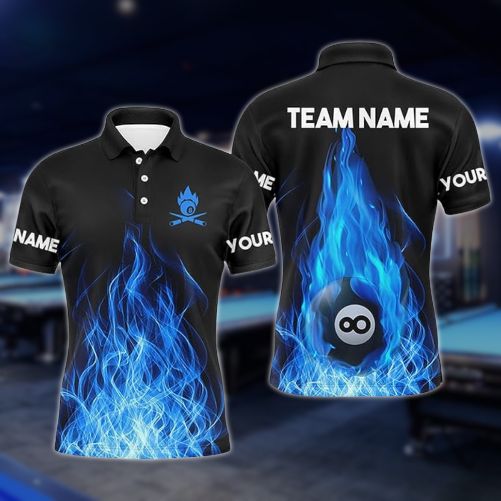 Custom Blue Flame 8 Ball Polo Shirt For Mens, Custom Flame Billiard Team Shirts BLD0263