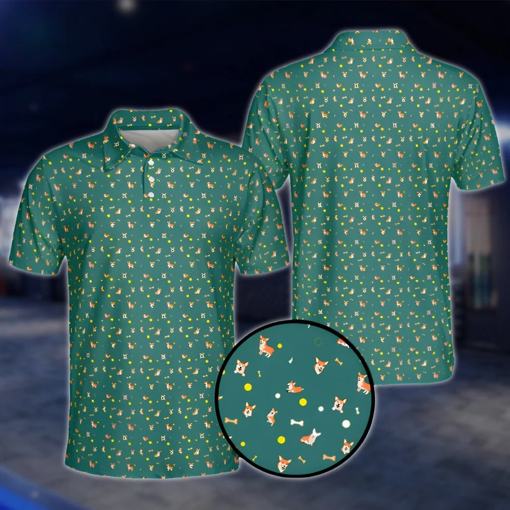 Mens Pembroke Welsh Corgi Teal Golf Polo Shirts, Corgi Dog Golf Shirts GOF0246