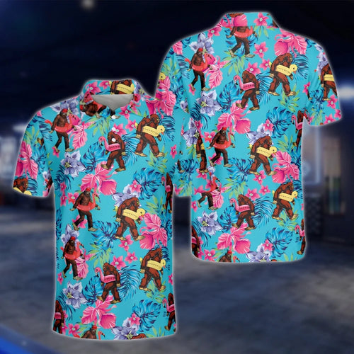 Tropical Bigfoot Men's Blue Golf Polo Shirts, Bigfoot Sasquatch Golf Shirt GOF0008