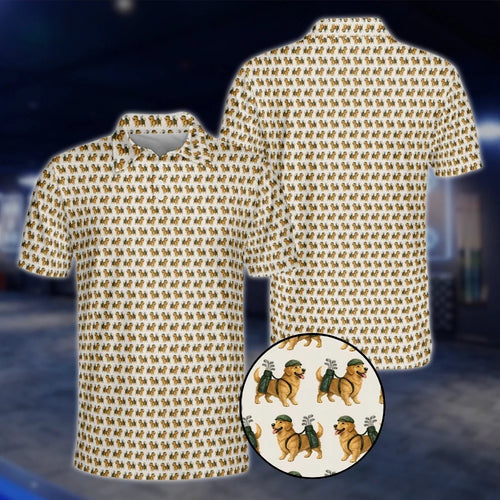 Golden Retriever Mens Beige Golf Polo Shirts, Golden Retriever Dog Golf Shirts GOF0244