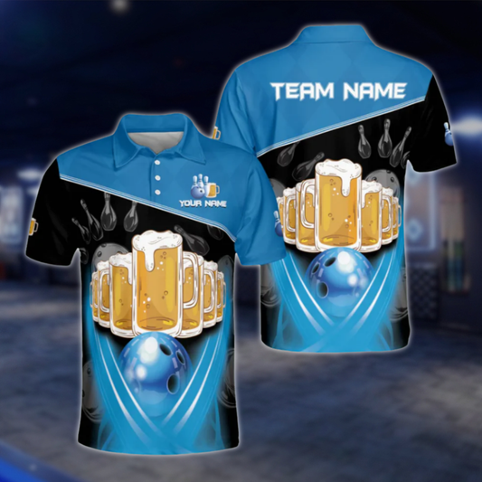Custom Beer Polo Bowling Team Shirts For Men, Custom Blue Black Beer Bowling Shirt BE0034 BOW0484
