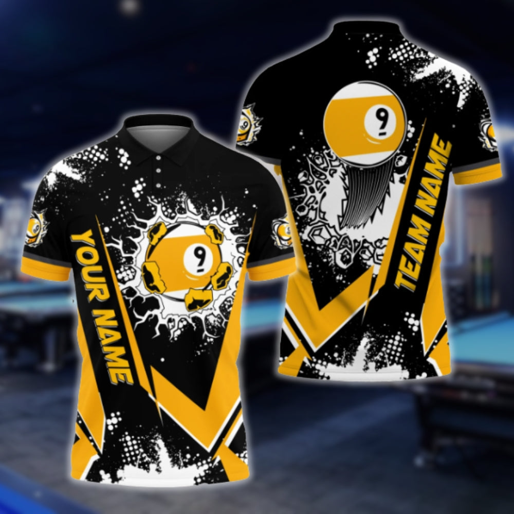 Custom 9 Ball Black Yellow Billiard Polo Shirts For Men, Custom 9 Ball Billiard Team Shirts BLD0035