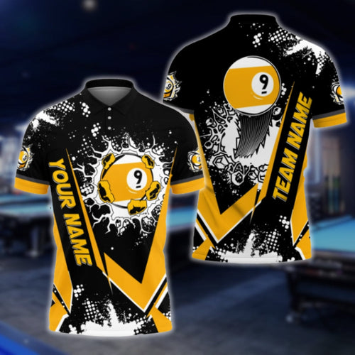 Custom 9 Ball Black Yellow Billiard Polo Shirts For Men, Custom 9 Ball Billiard Team Shirts BLD0035