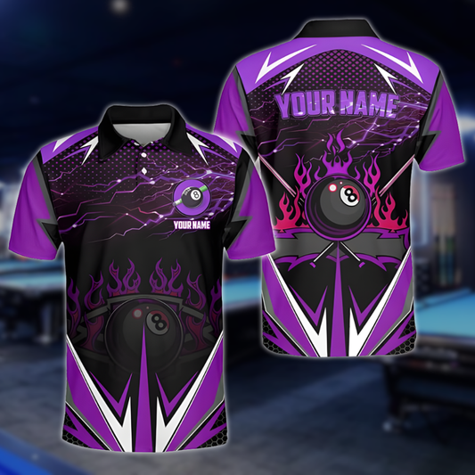 Custom Purple Thunder Flame 8 Ball Billiard Polo Shirt Mens, Custom Billiard Team Shirts BLD0229