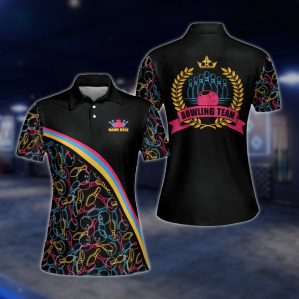 Women's Custom Team Multicolor Pattern Bowling Polo Shirt, Custom Bowling Team Shirt For Ladies BW0031 BOW0249
