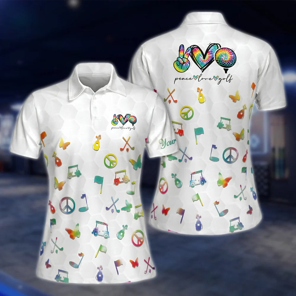 Peace Love Golf Women's Golf Shirts, Ladies Colorful White Golf Shirts GOF0003
