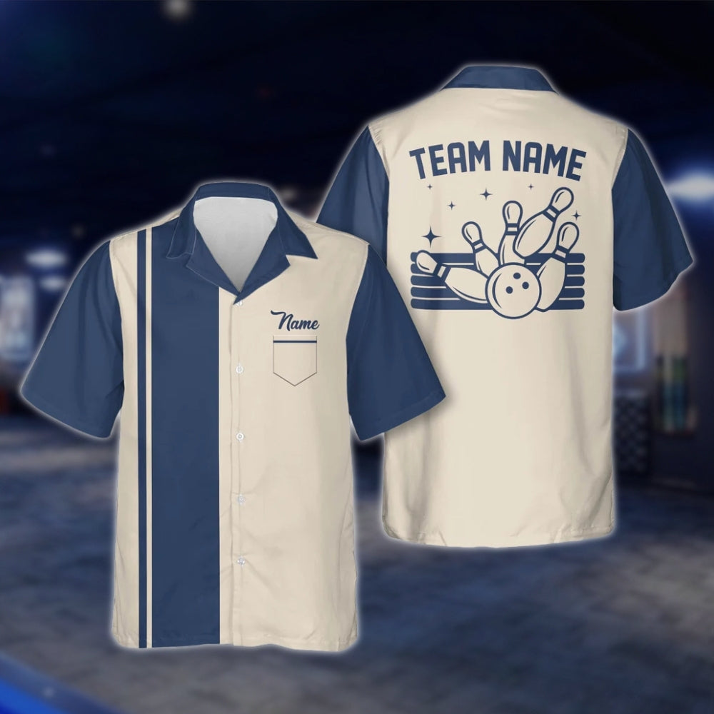 Custom Vintage Blue Beige Bowling Hawaiian Shirt For Men Women, Custom Vintage Bowling Team Shirts BE0008 BOW0370