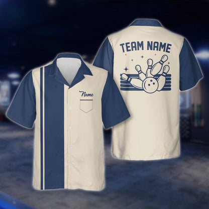 Custom Vintage Blue Beige Bowling Hawaiian Shirt For Men Women, Custom Vintage Bowling Team Shirts BE0008 BOW0370