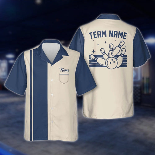 Custom Vintage Blue Beige Bowling Hawaiian Shirt For Men Women, Custom Vintage Bowling Team Shirts BE0008 BOW0370