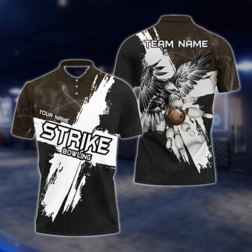 Ealge Strike Custom Black And White Bowling Mens Polo Shirts, Custom Eagle Bowling Team Shirts BO0412 BOW0256