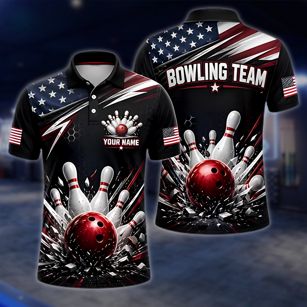 Personalized American Flag Bowling Polo Shirt Mens, Custom Patriotic Bowling Team Shirt BZ0869 BOW0077