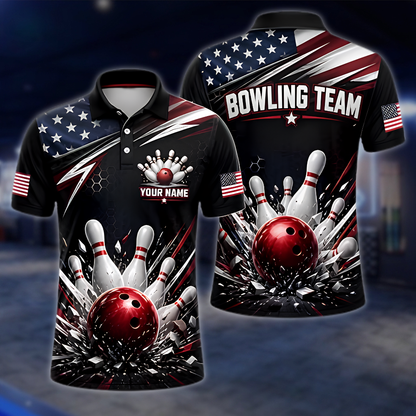 Personalized American Flag Bowling Polo Shirt Mens, Custom Patriotic Bowling Team Shirt BZ0869 BOW0077